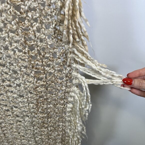 Vintage Handmade Cream Open-Weave Fringe Throw Retro Accent Blanket MCM Boho - Picture 4 of 5